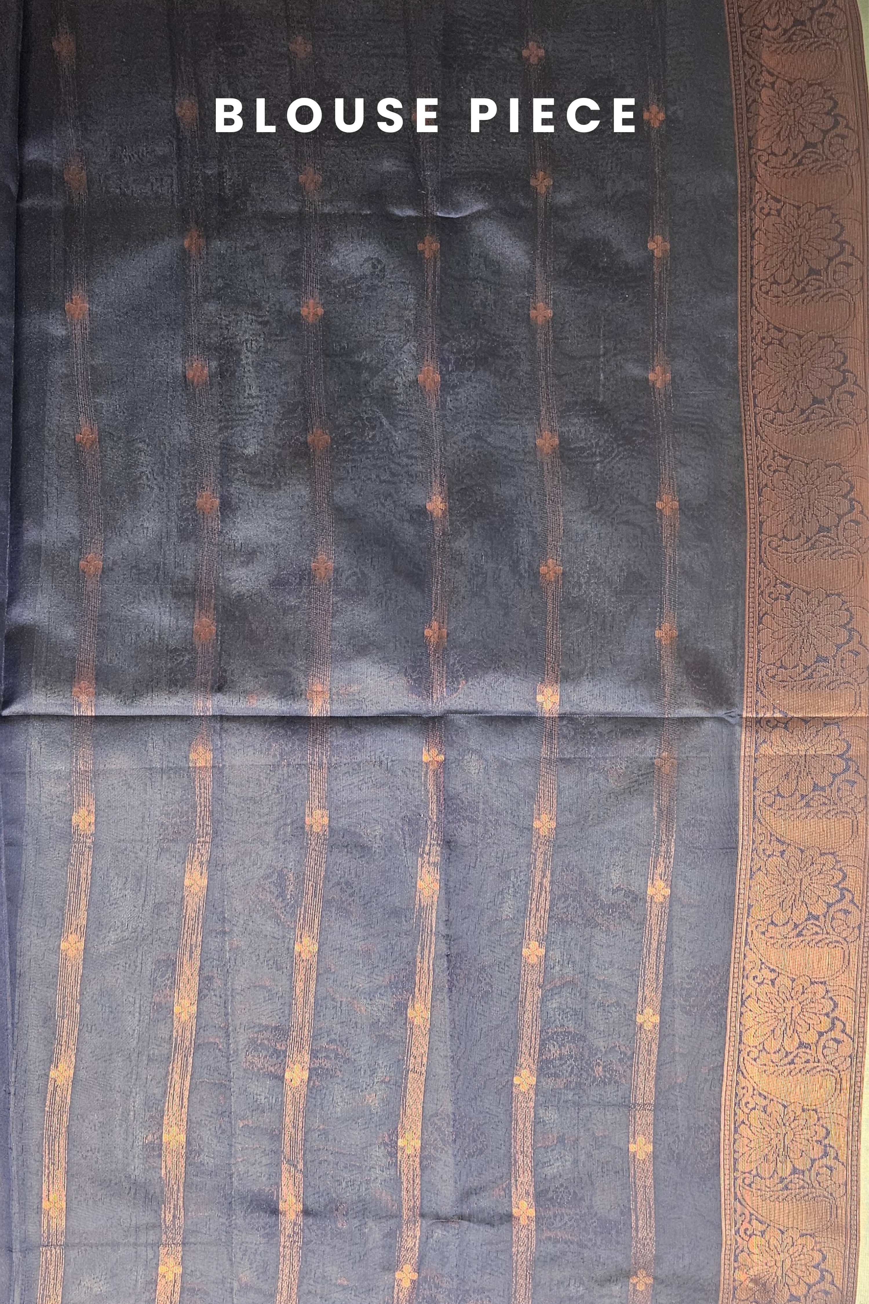 Black blouse piece with gold patterns and text 'BLOUSE PIECE' at the top.